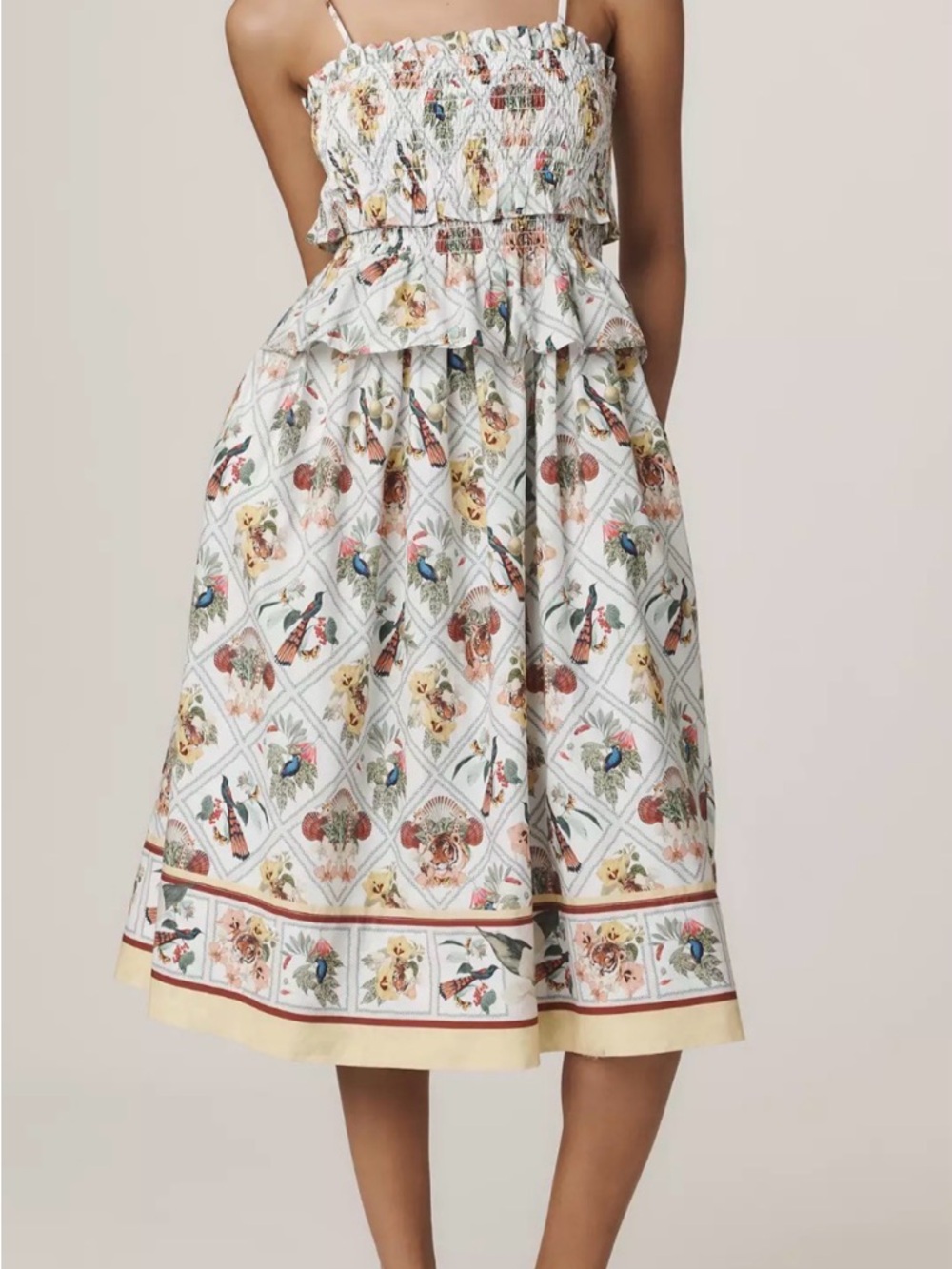 Anthropologie Cream Tiered Midi Skirt with Floral & Bird Motif